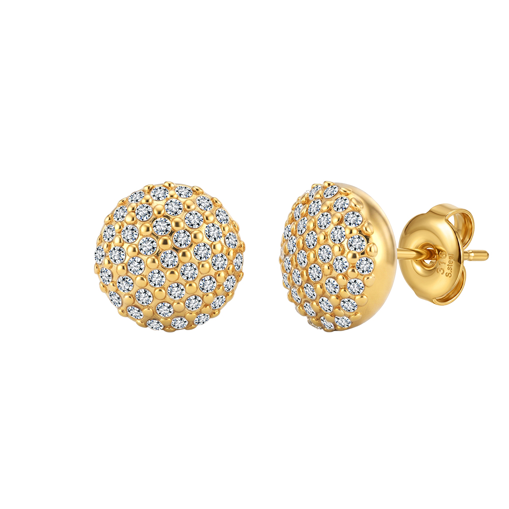 Sparkling Pave Ball 316 Stainless Steel Gold Tone Women Stud Earrings for Elegant Daily Party Outfit All Day Comfort Wearing