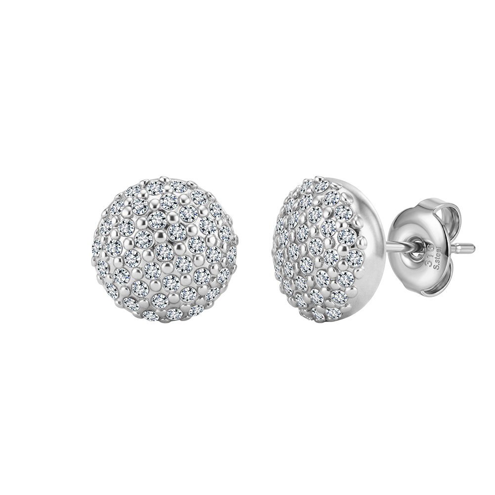 Sparkling Pave Ball 316 Stainless Steel Gold Tone Women Stud Earrings for Elegant Daily Party Outfit All Day Comfort Wearing