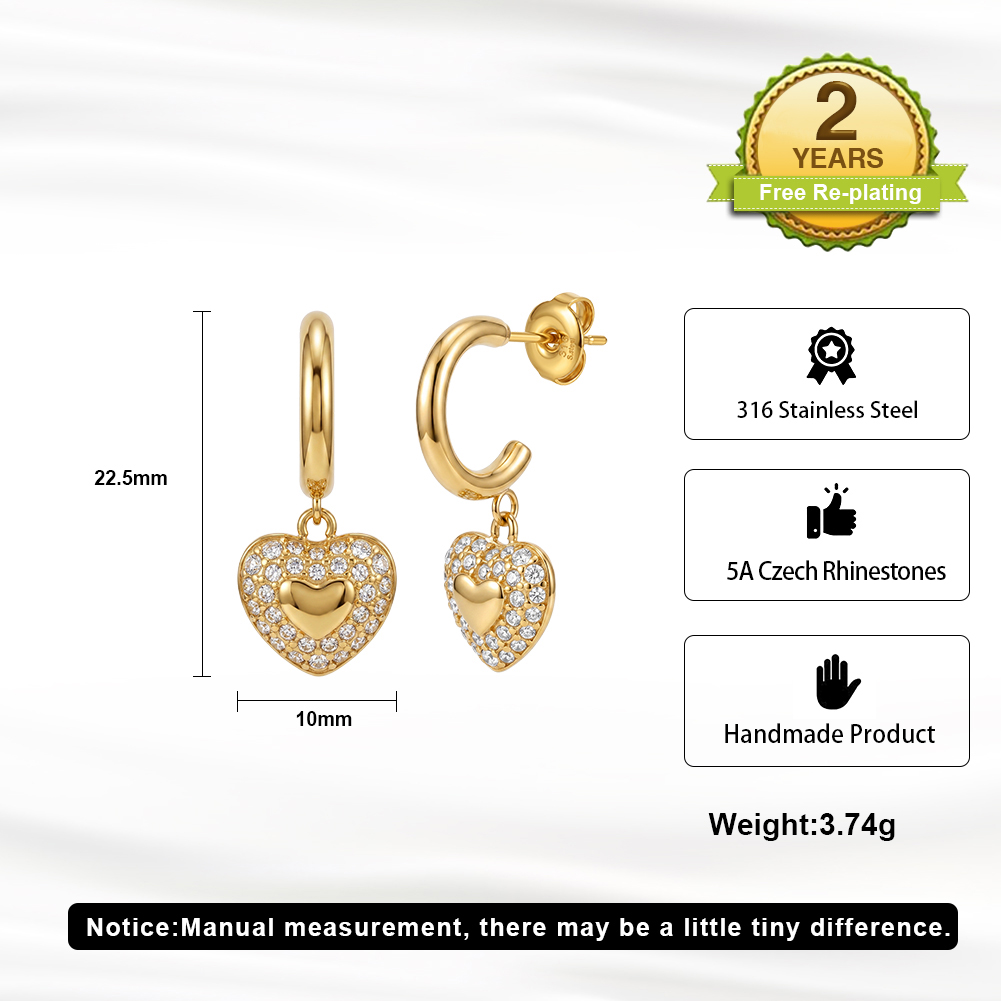 Vintage Heart Lock Rhinestone 316 Stainless Steel Gold Tone Women Huggie Earrings Romantic Daily Party Outfit Comfort Wearing