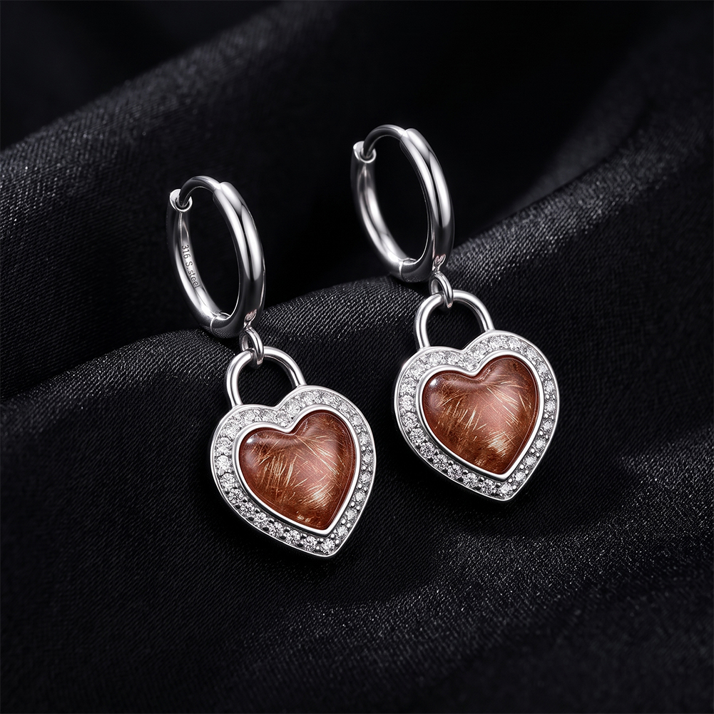 Vintage Heart Lock Rhinestone 316 Stainless Steel Gold Tone Women Huggie Earrings Romantic Daily Party Outfit Comfort Wearing