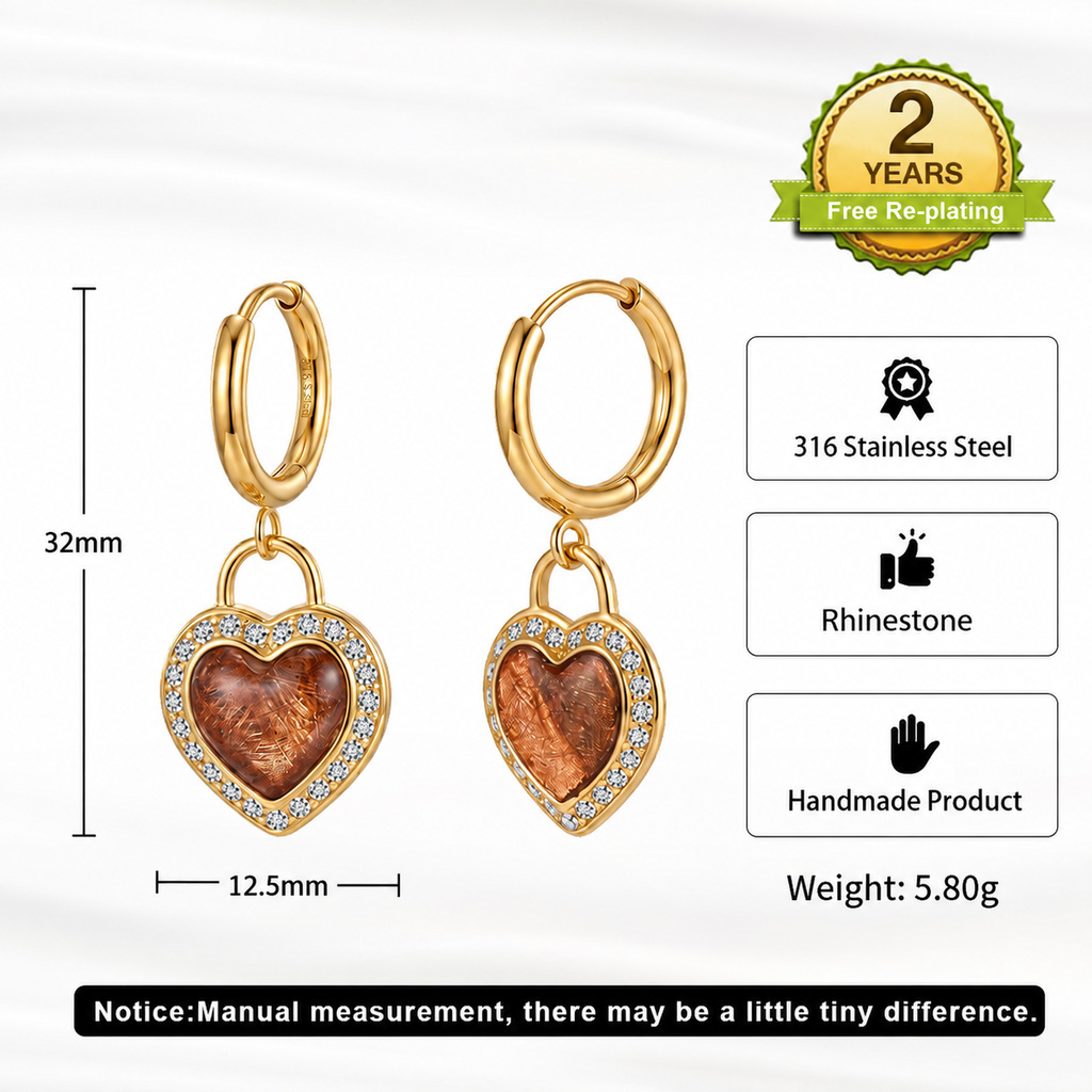 Vintage Heart Lock Rhinestone 316 Stainless Steel Gold Tone Women Huggie Earrings Romantic Daily Party Outfit Comfort Wearing