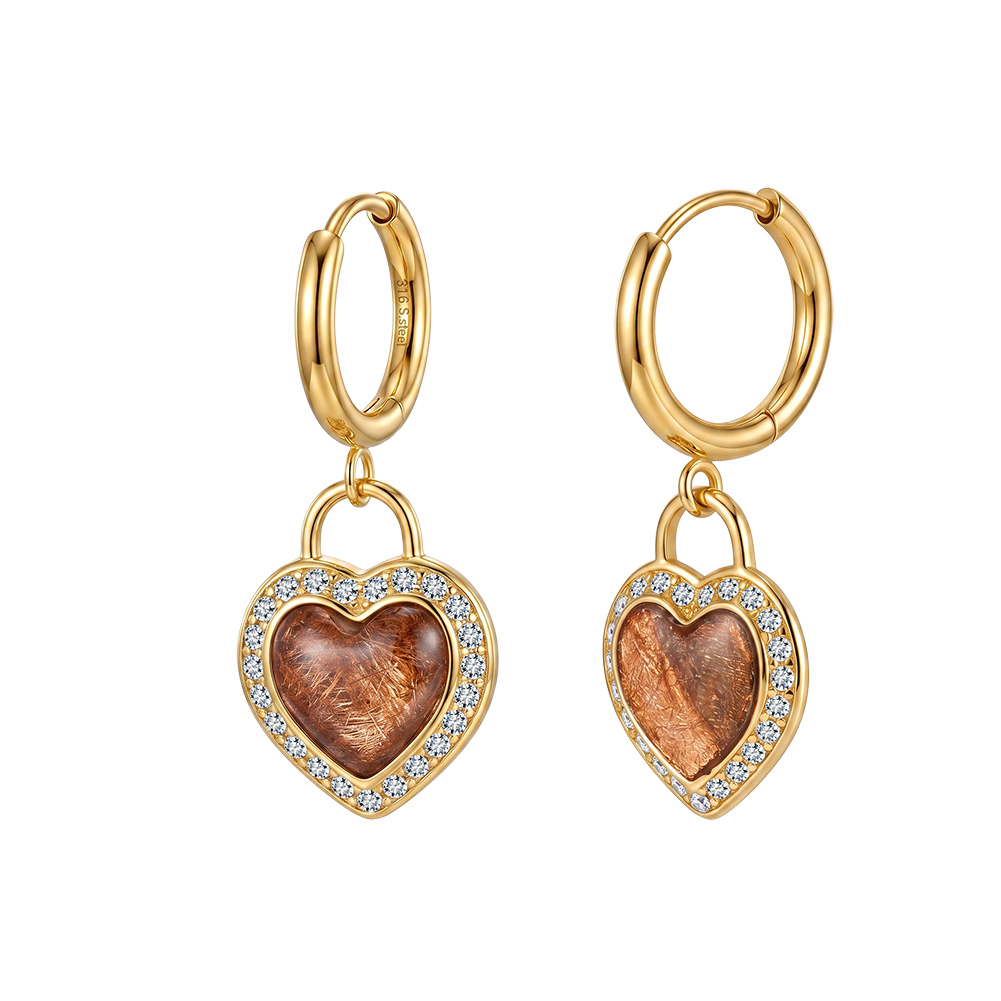 Vintage Heart Lock Rhinestone 316 Stainless Steel Gold Tone Women Huggie Earrings Romantic Daily Party Outfit Comfort Wearing