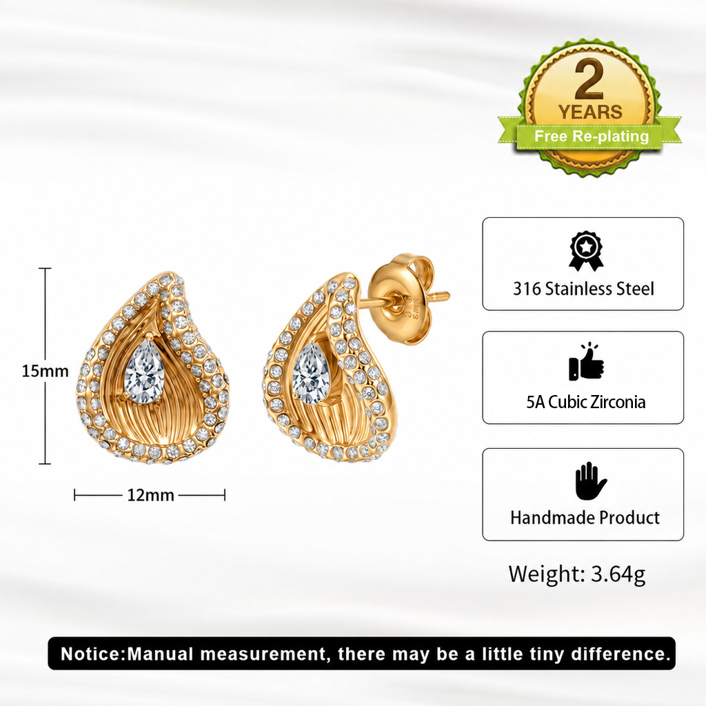 Teardrop Pave Zircon 316 Stainless Steel Gold Tone Women Stud Earrings for Glam Daily Banquet Outfit All Day Comfort Wearing