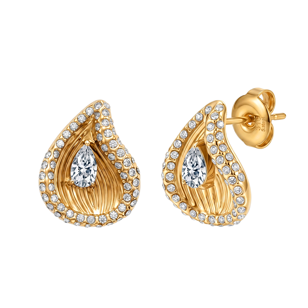 Teardrop Pave Zircon 316 Stainless Steel Gold Tone Women Stud Earrings for Glam Daily Banquet Outfit All Day Comfort Wearing