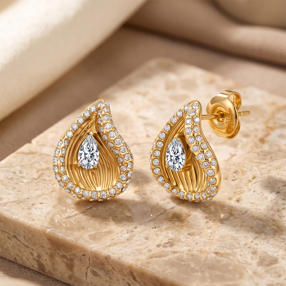 Teardrop Pave Zircon 316 Stainless Steel Gold Tone Women Stud Earrings for Glam Daily Banquet Outfit All Day Comfort Wearing