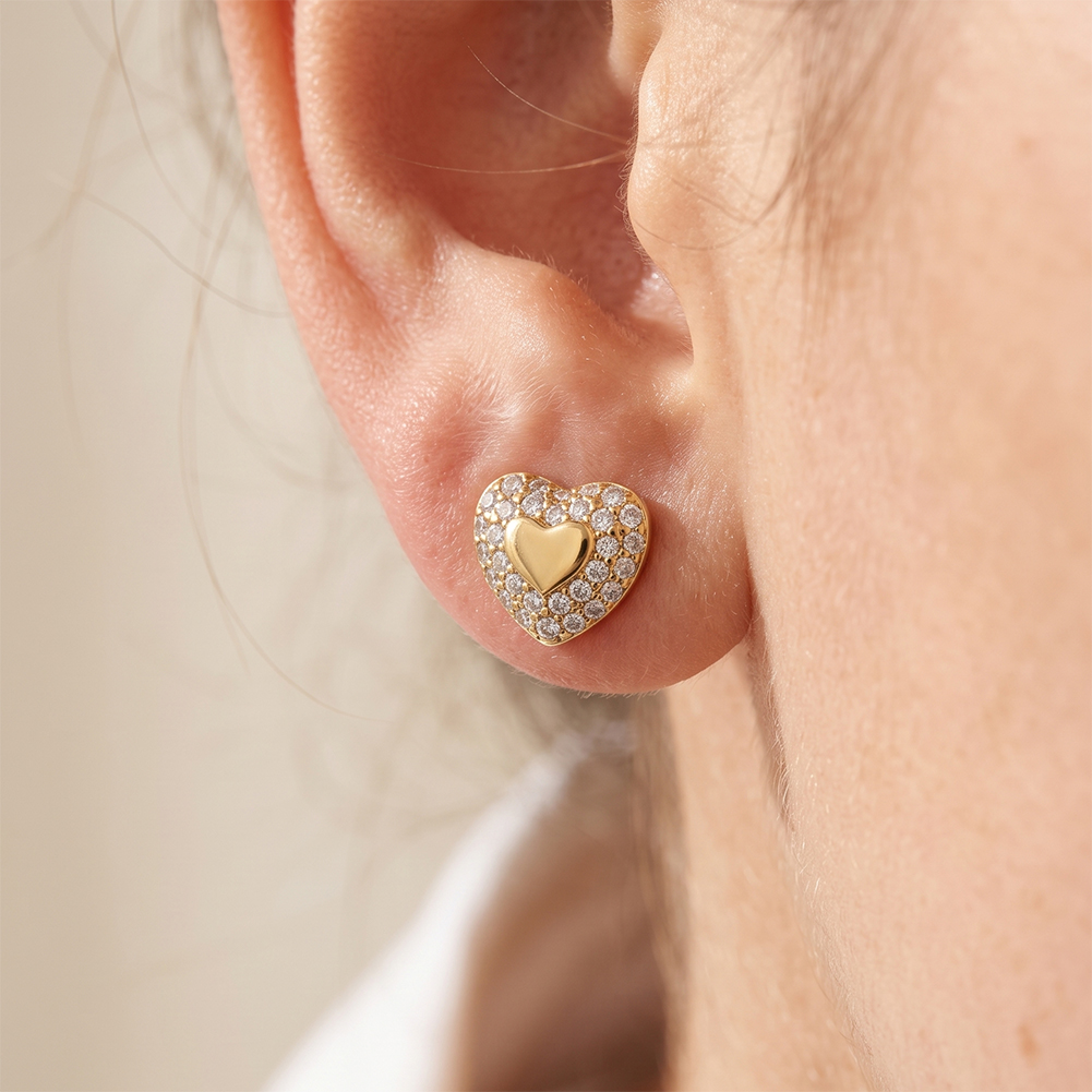 Sparkling Pave Heart 316 Stainless Steel Women Charm Stud Earrings for Sweet Daily Casual Outfit and All Day Comfort Wearing