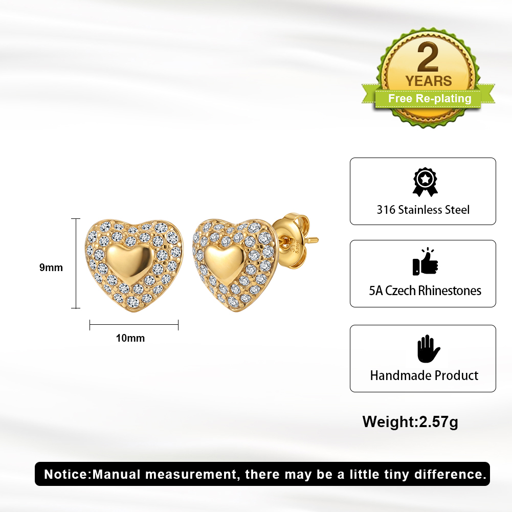 Sparkling Pave Heart 316 Stainless Steel Women Charm Stud Earrings for Sweet Daily Casual Outfit and All Day Comfort Wearing