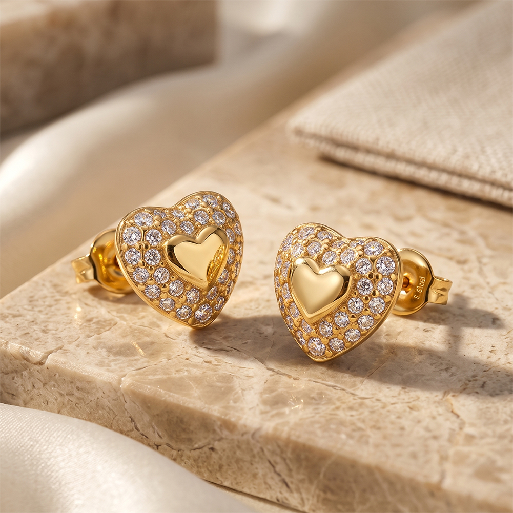 Sparkling Pave Heart 316 Stainless Steel Women Charm Stud Earrings for Sweet Daily Casual Outfit and All Day Comfort Wearing