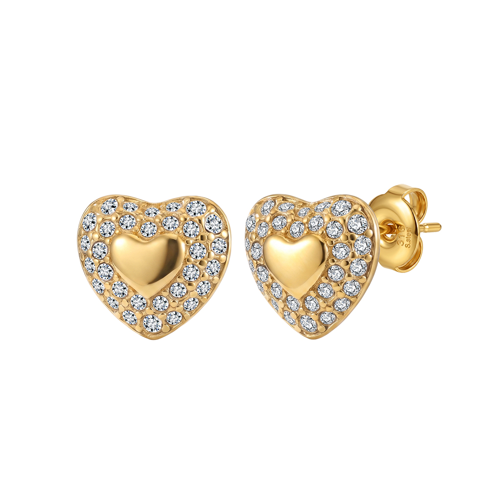 Sparkling Pave Heart 316 Stainless Steel Women Charm Stud Earrings for Sweet Daily Casual Outfit and All Day Comfort Wearing