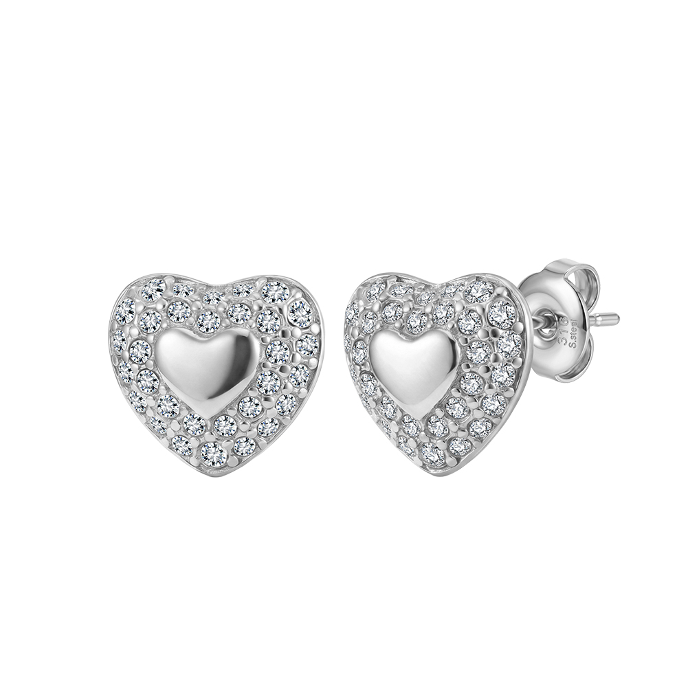 Sparkling Pave Heart 316 Stainless Steel Women Charm Stud Earrings for Sweet Daily Casual Outfit and All Day Comfort Wearing
