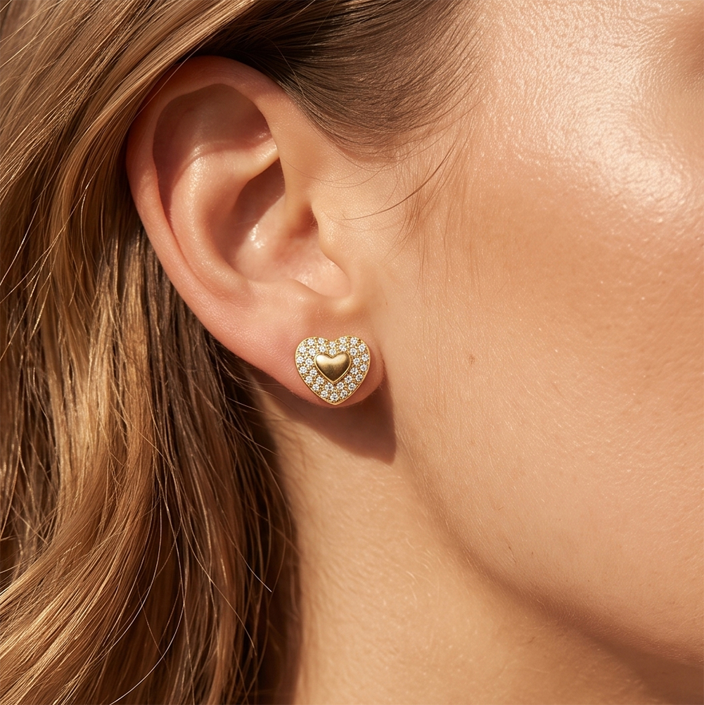Sparkling Pave Heart 316 Stainless Steel Women Charm Stud Earrings for Sweet Daily Casual Outfit and All Day Comfort Wearing