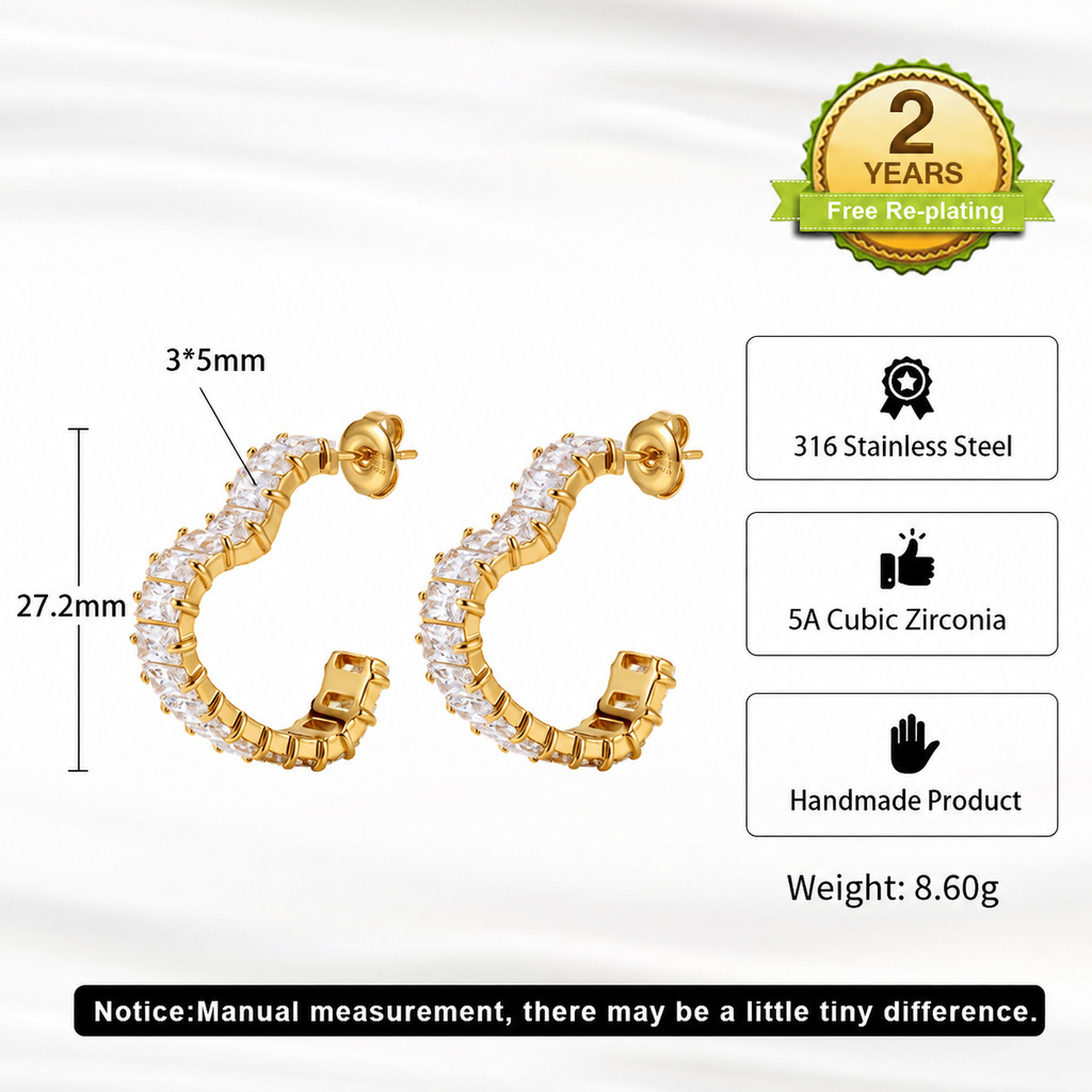 Sparkling Rectangle 5A Zircon C Shape 316 Stainless Steel Gold Tone Women Hoop Earrings for Trendy Daily Styling