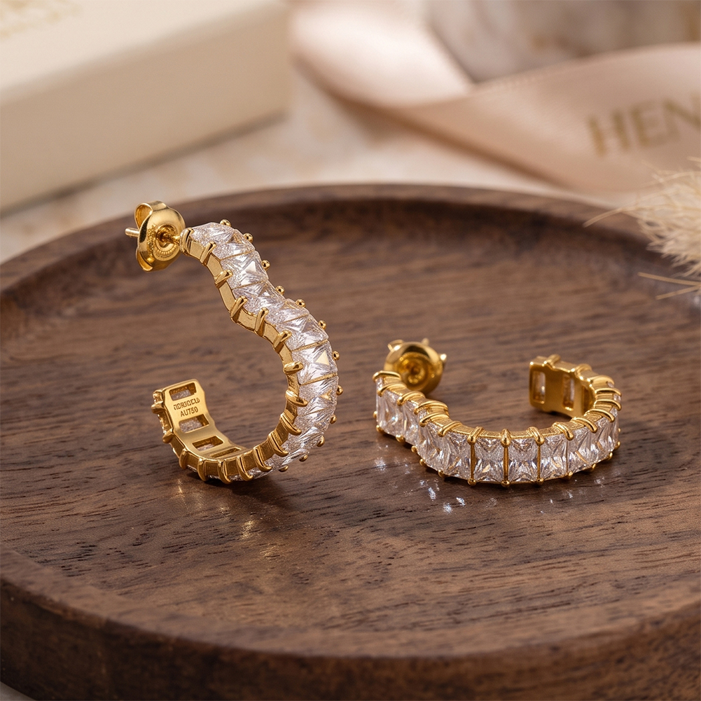 Sparkling Rectangle 5A Zircon C Shape 316 Stainless Steel Gold Tone Women Hoop Earrings for Trendy Daily Styling