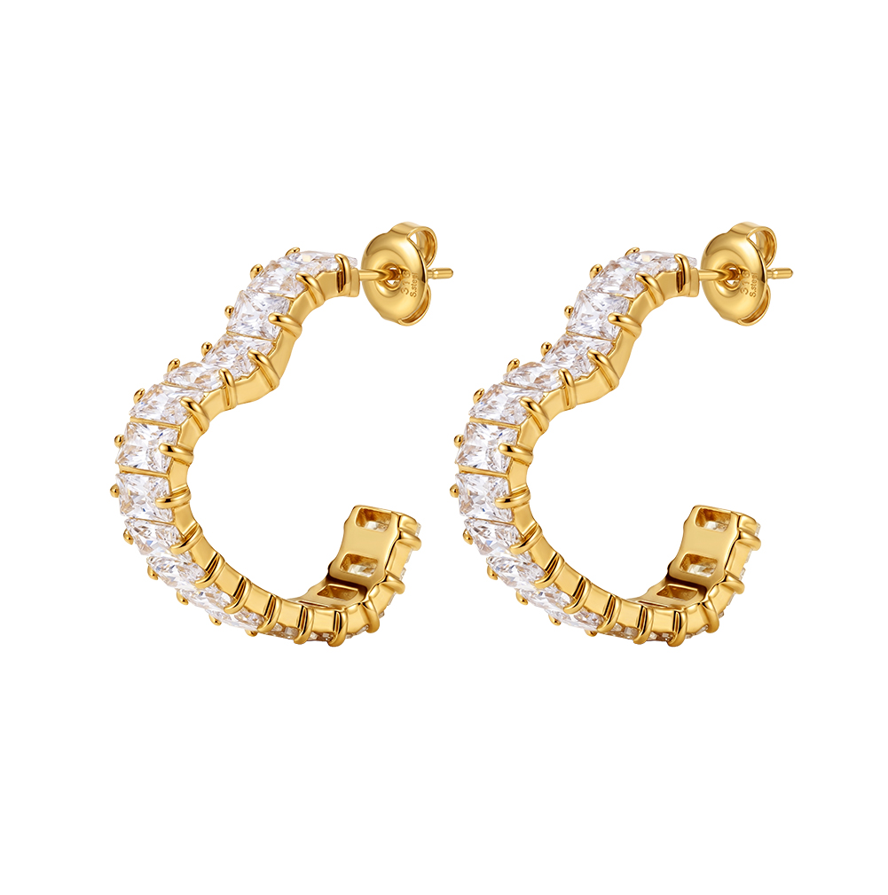 Sparkling Rectangle 5A Zircon C Shape 316 Stainless Steel Gold Tone Women Hoop Earrings for Trendy Daily Styling