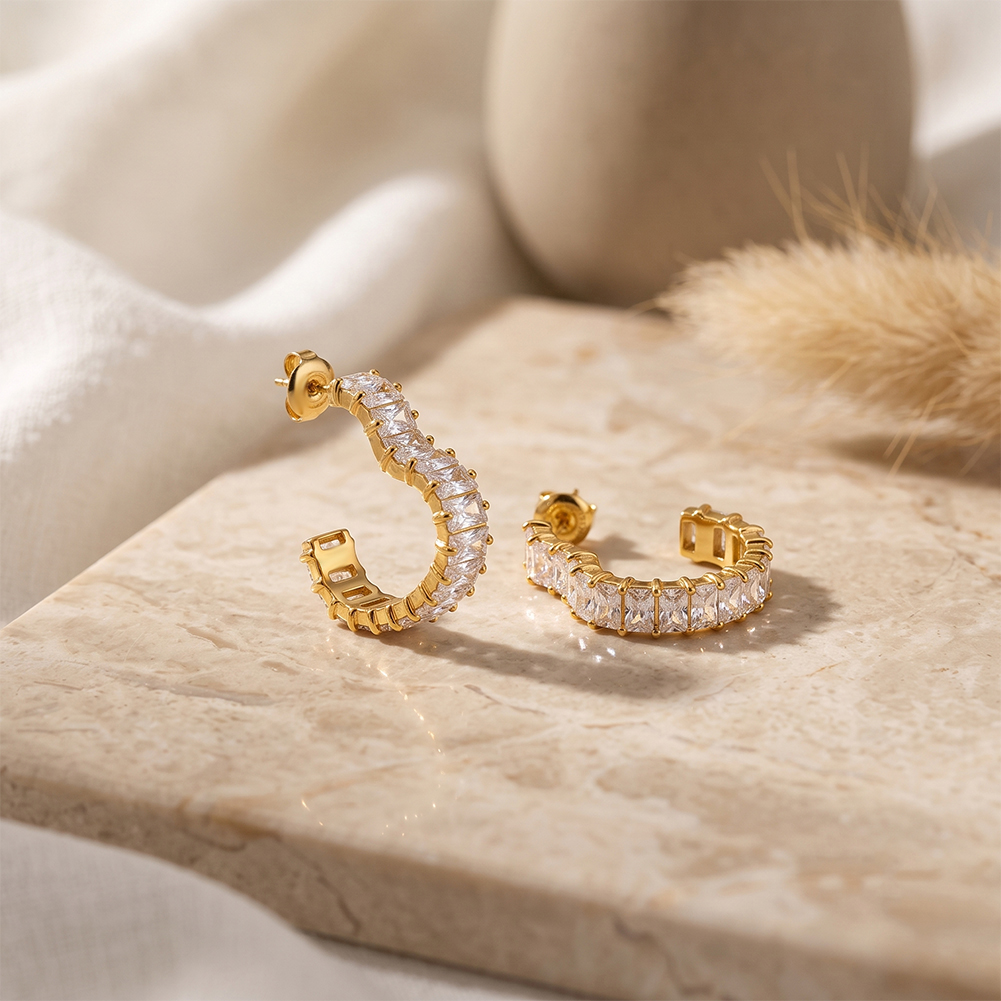 Sparkling Rectangle 5A Zircon C Shape 316 Stainless Steel Gold Tone Women Hoop Earrings for Trendy Daily Styling
