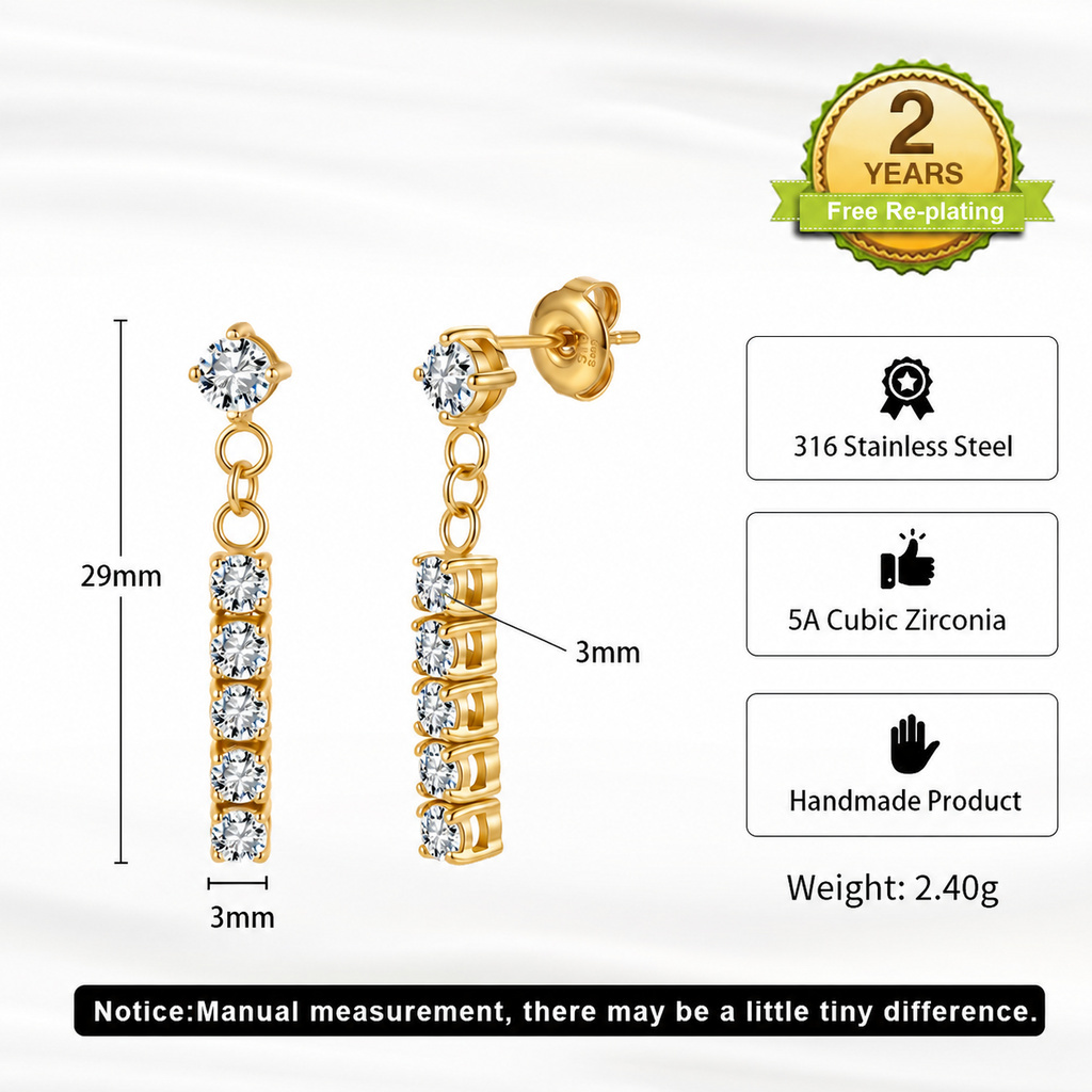 Shiny Round 5A Zircon Drop 316 Stainless Steel Gold Tone Women Dangle Earrings for Elegant Daily Styling