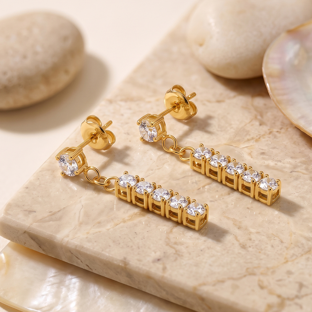 Shiny Round 5A Zircon Drop 316 Stainless Steel Gold Tone Women Dangle Earrings for Elegant Daily Styling