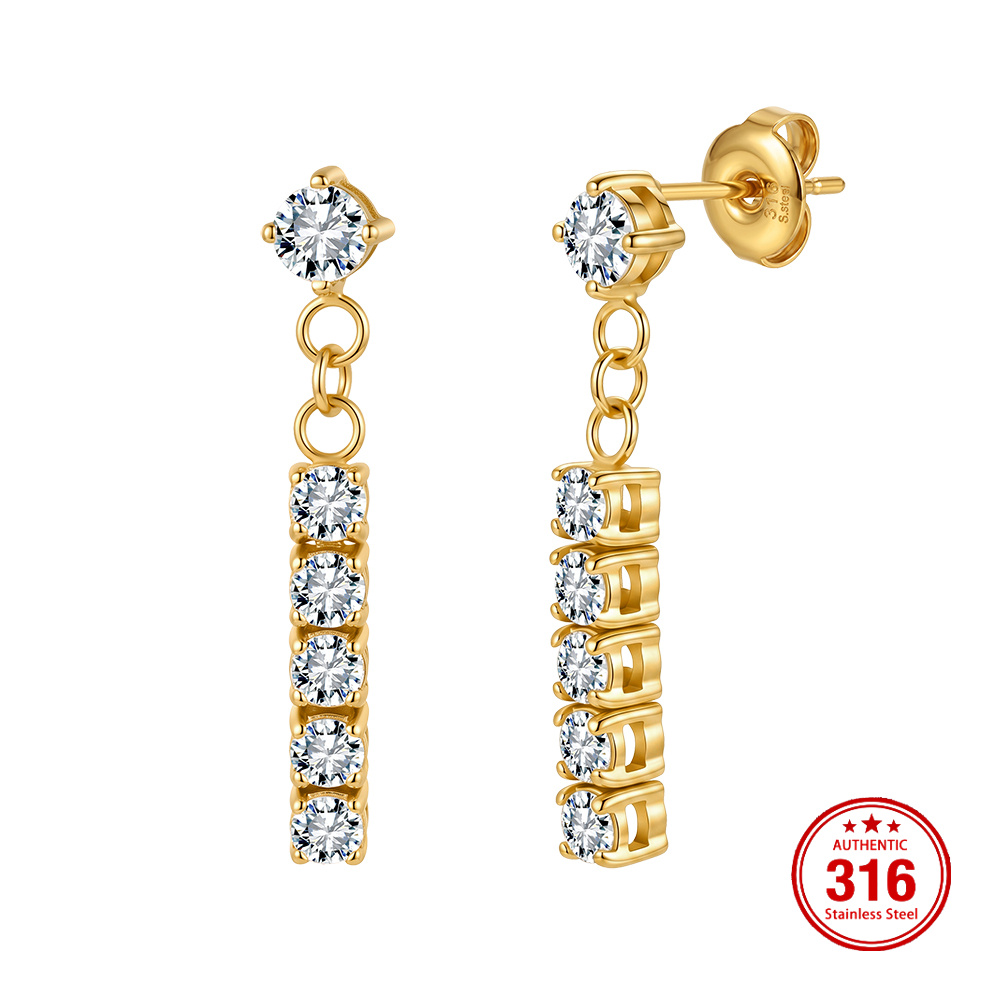 Shiny Round 5A Zircon Drop 316 Stainless Steel Gold Tone Women Dangle Earrings for Elegant Daily Styling