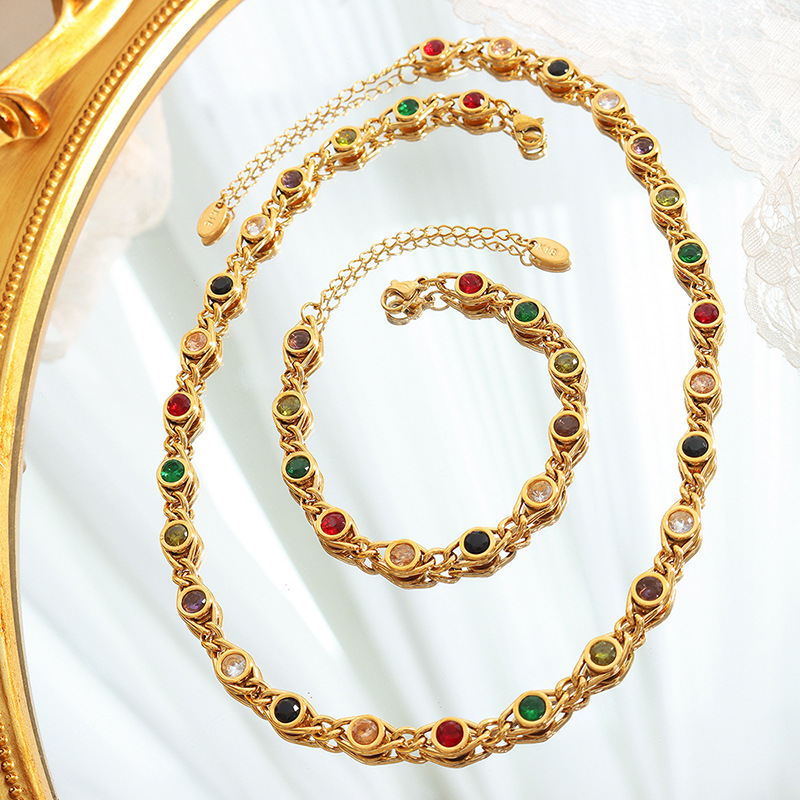 Fine Jewelry Stainless Steel Zirconia Jewelry Set Colorful CZ Diamond Necklace Gemstone Bracelet 18k Gold Women Necklace