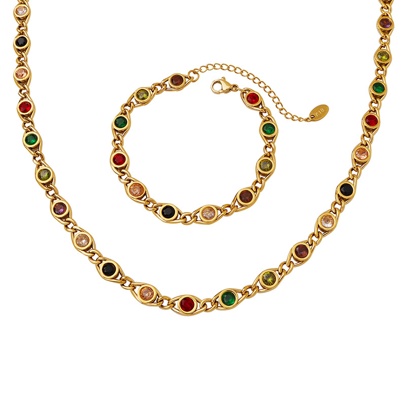 Fine Jewelry Stainless Steel Zirconia Jewelry Set Colorful CZ Diamond Necklace Gemstone Bracelet 18k Gold Women Necklace