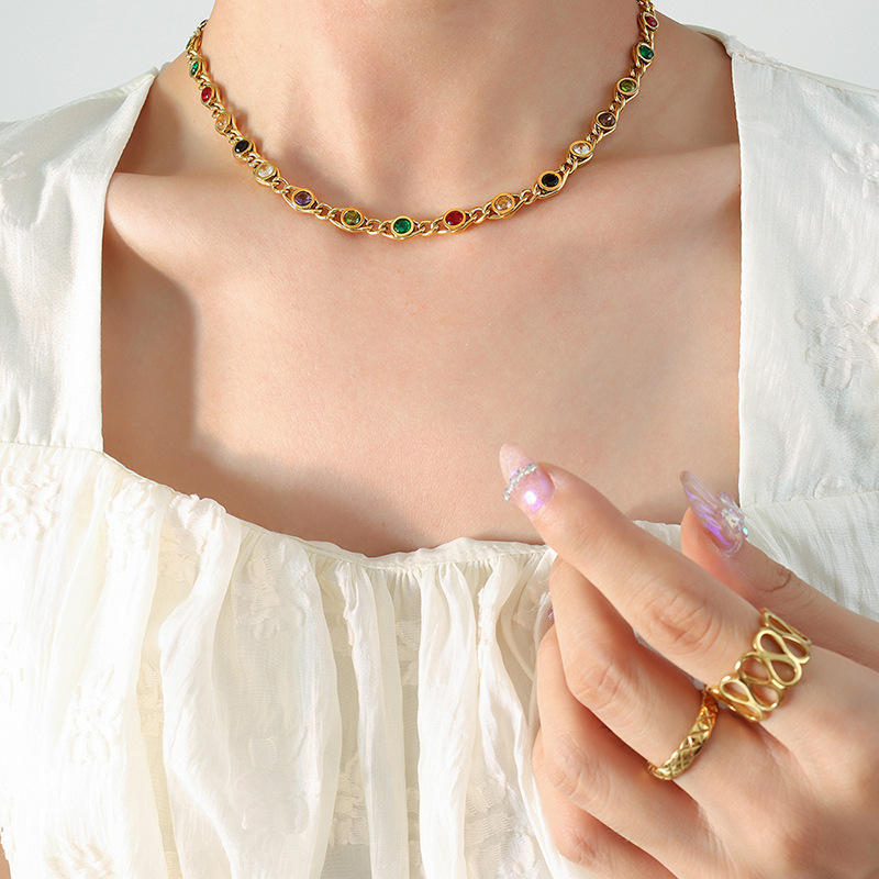 Fine Jewelry Stainless Steel Zirconia Jewelry Set Colorful CZ Diamond Necklace Gemstone Bracelet 18k Gold Women Necklace