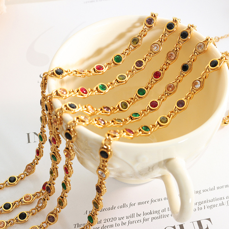 Fine Jewelry Stainless Steel Zirconia Jewelry Set Colorful CZ Diamond Necklace Gemstone Bracelet 18k Gold Women Necklace