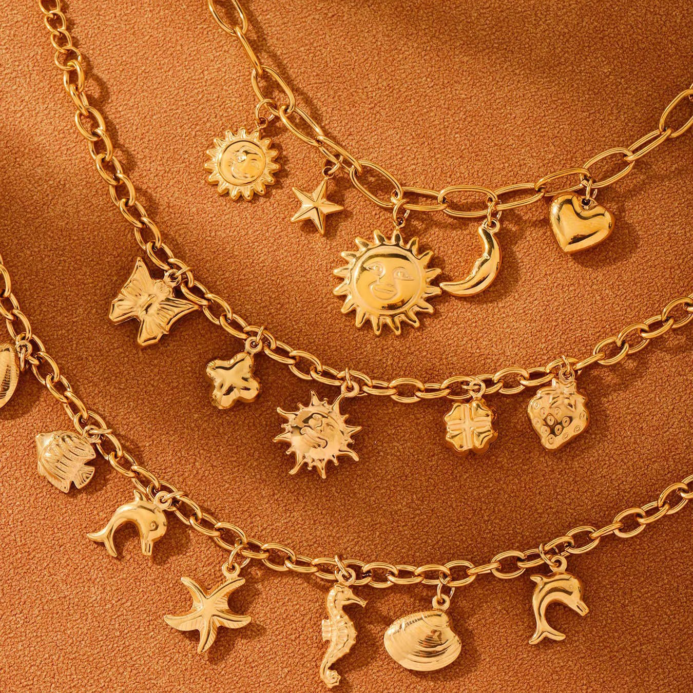 Sun Moon Heart Design 18K Gold Plated European American Ins Style Multi-Accessory Stainless Steel Trendy Anklet Bracelet DIY Set