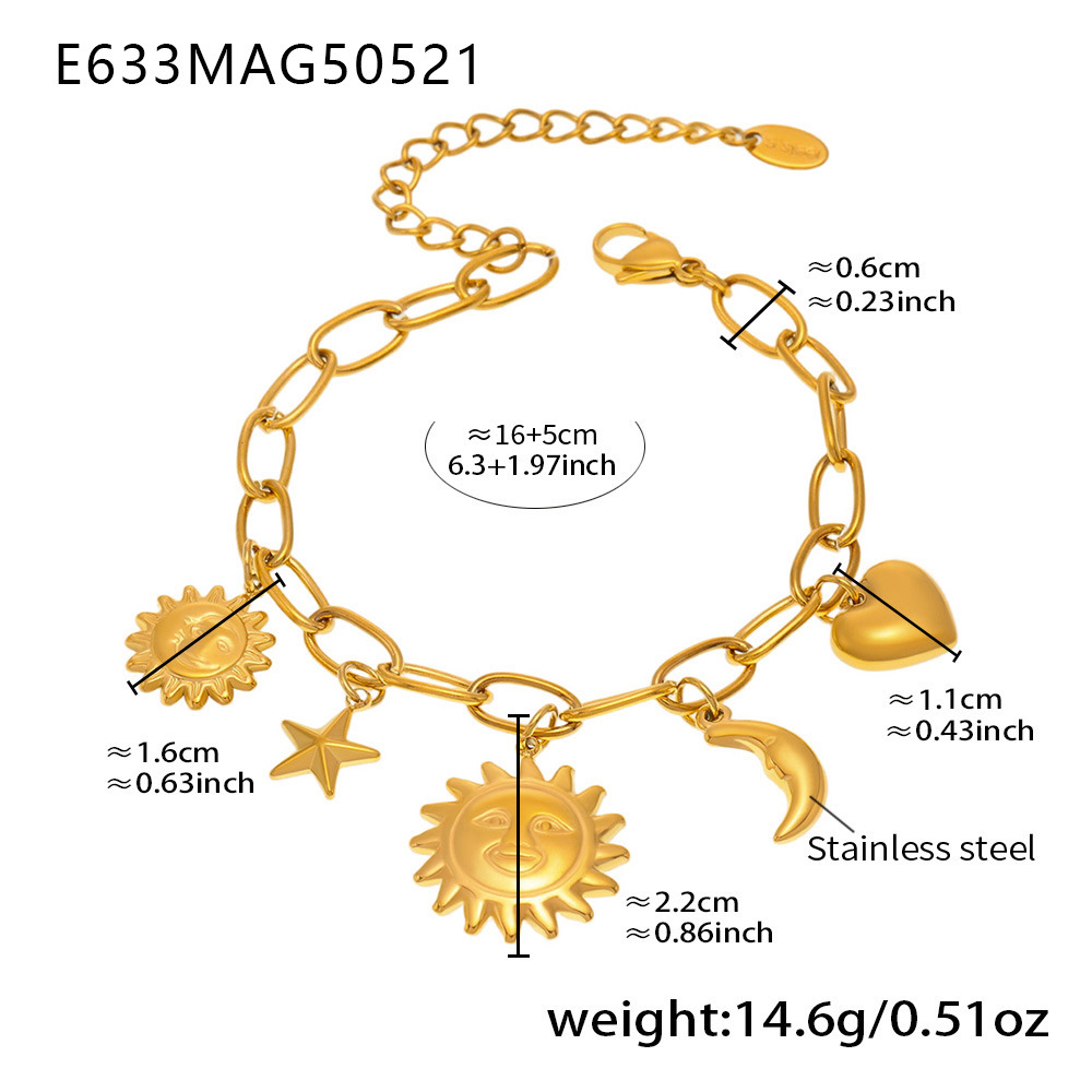 Sun Moon Heart Design 18K Gold Plated European American Ins Style Multi-Accessory Stainless Steel Trendy Anklet Bracelet DIY Set
