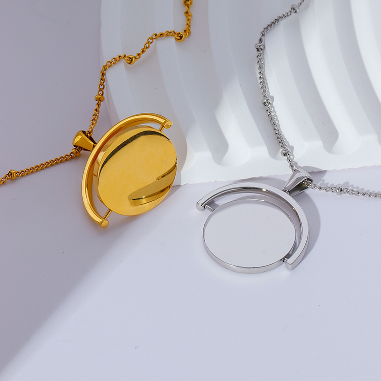 18k Gold Stainless Steel Round Piece Pendant Necklace Fashion Jewelry Rotatable Charm Pendant Necklace for Women