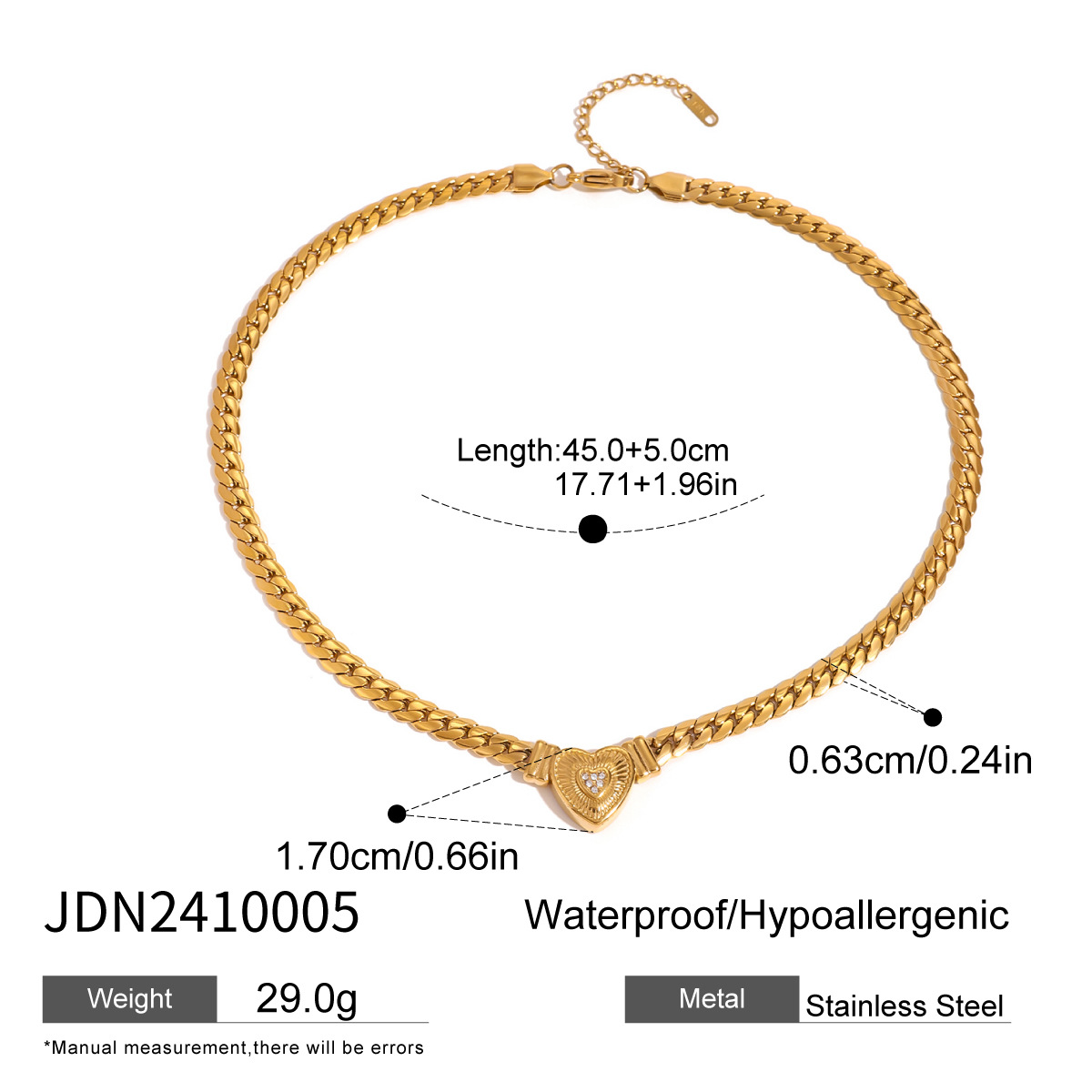Vintage Designer 18k Gold Stainless Steel PVD Gold Plated Link Chain Rhinestone Heart Necklace Choker Jewelry
