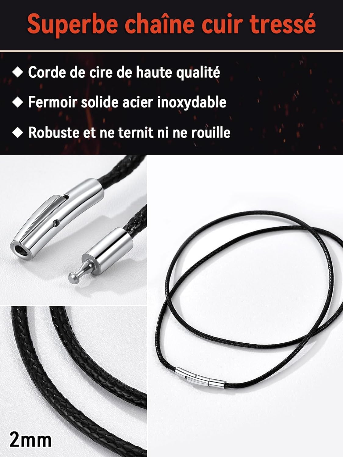 FaithHeart Waterproof 2mm/3mm Noir Cuir Collier Cuir Fermoir Acier Inoxydable 40/45/50/55/65/70/75 cm Necklace for Men/Women