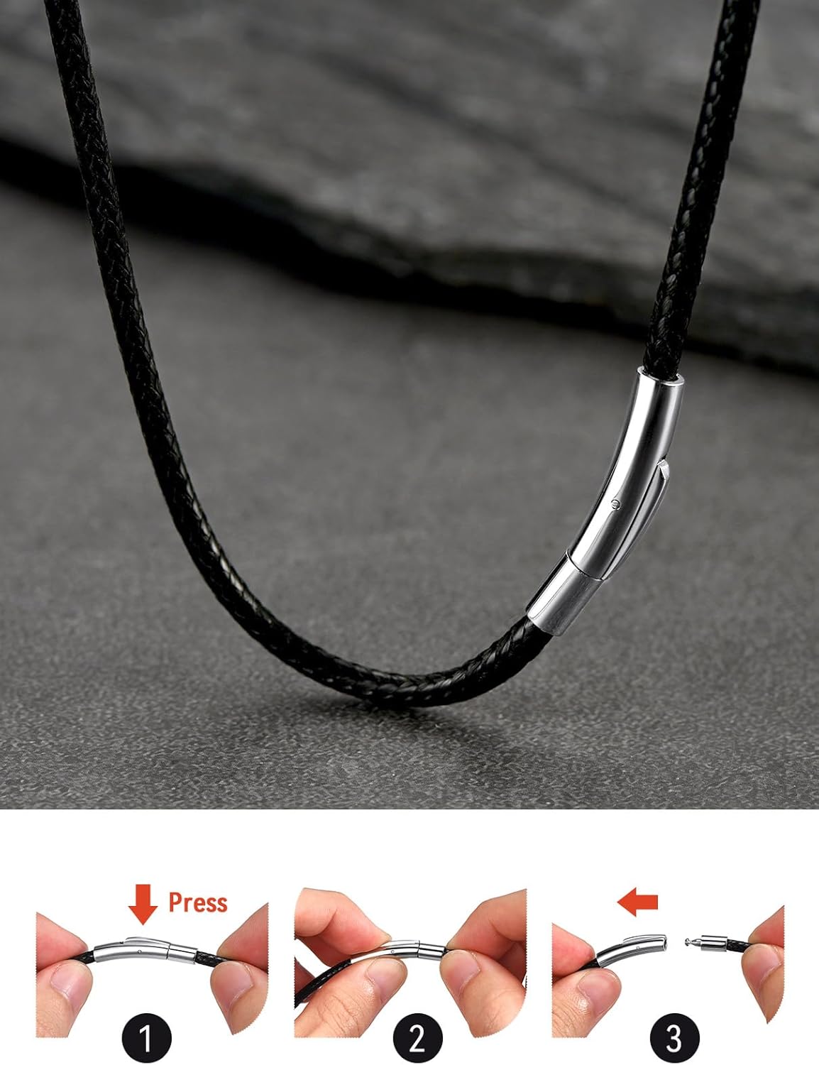 FaithHeart Waterproof 2mm/3mm Noir Cuir Collier Cuir Fermoir Acier Inoxydable 40/45/50/55/65/70/75 cm Necklace for Men/Women