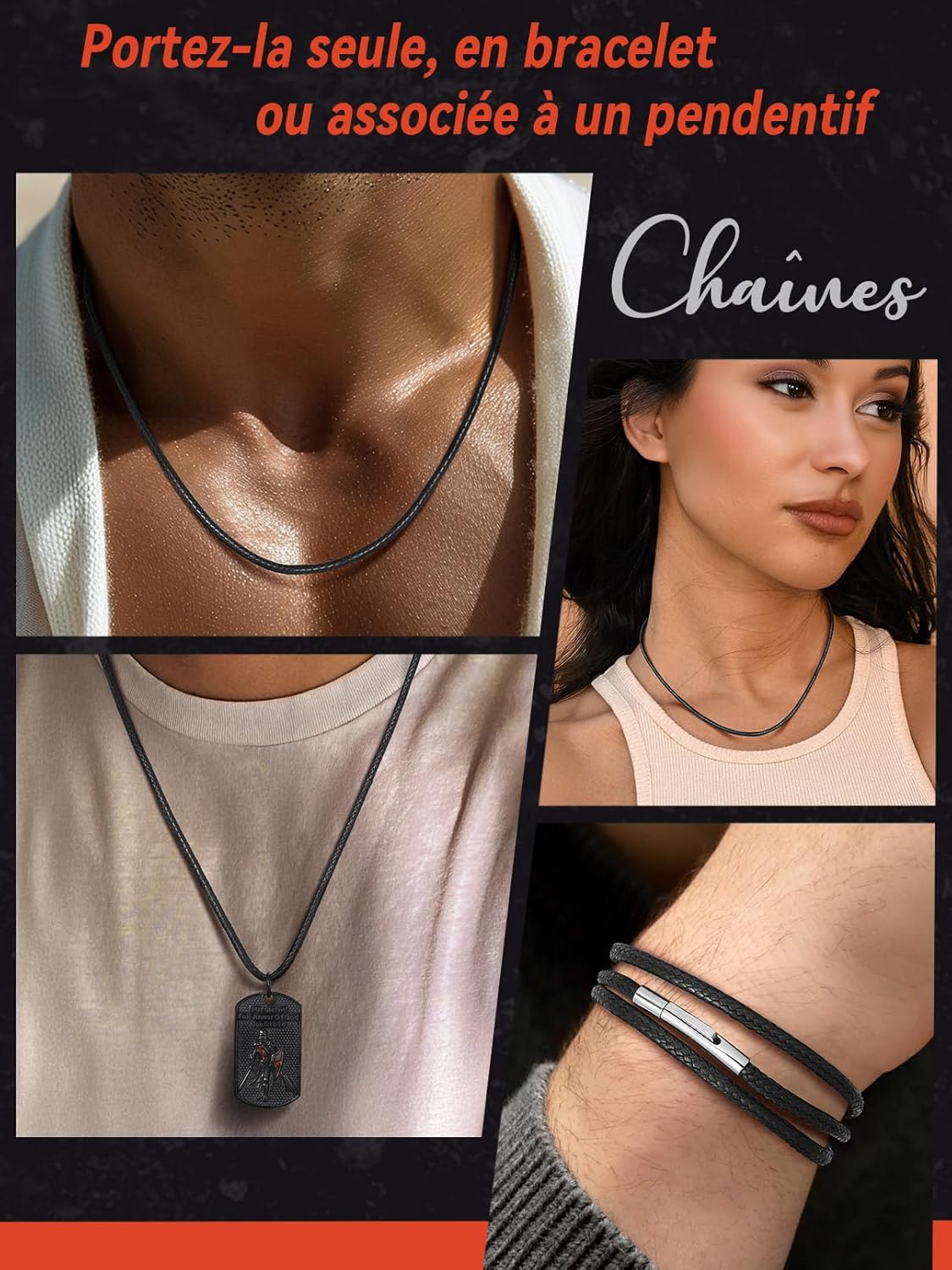 FaithHeart Waterproof 2mm/3mm Noir Cuir Collier Cuir Fermoir Acier Inoxydable 40/45/50/55/65/70/75 cm Necklace for Men/Women