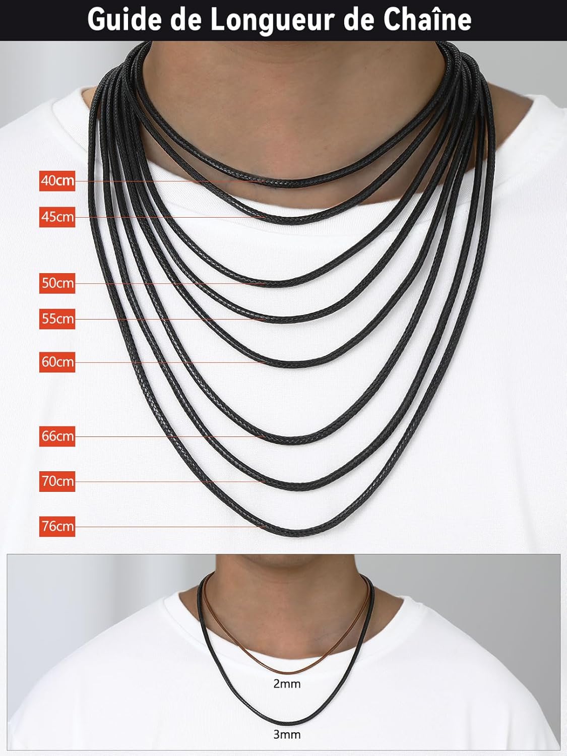FaithHeart Waterproof 2mm/3mm Noir Cuir Collier Cuir Fermoir Acier Inoxydable 40/45/50/55/65/70/75 cm Necklace for Men/Women