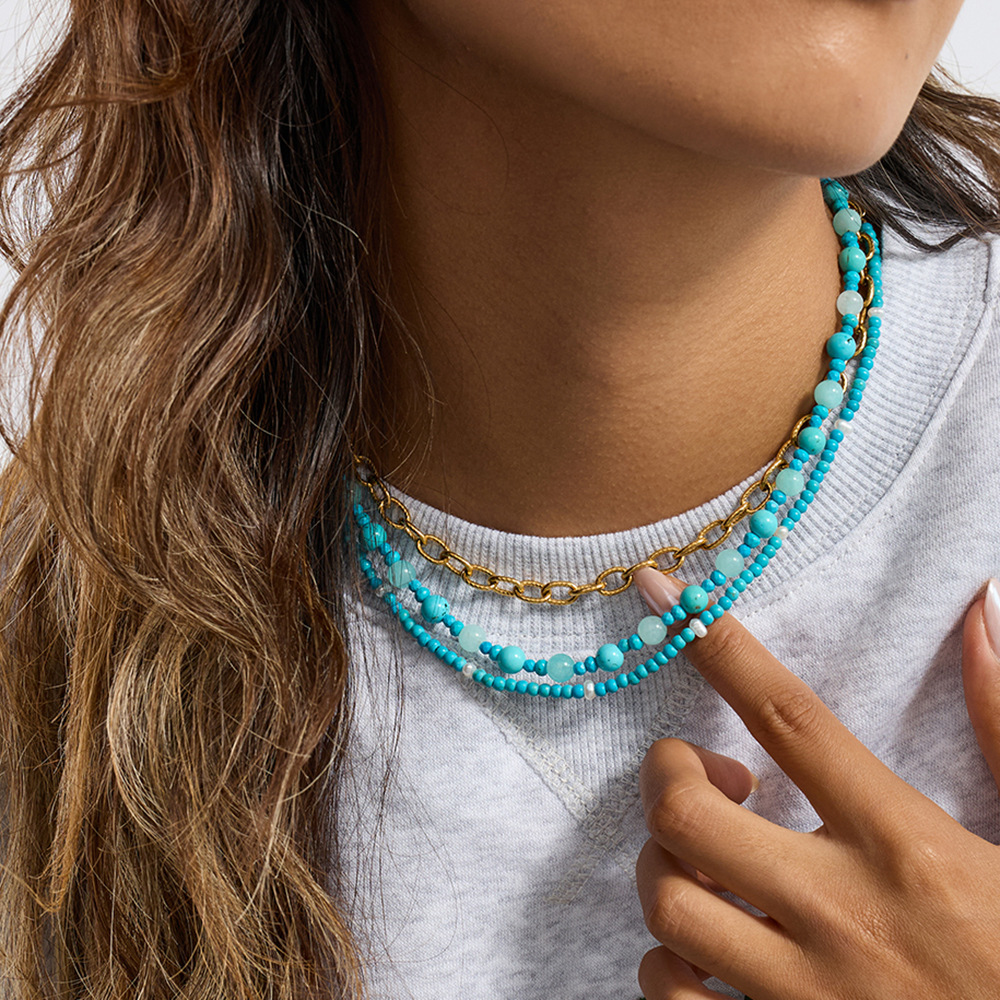 Classic 18K Gold Plated Stainless Steel Blue Turquoise Pendant Necklace Link Chain Unisex Unique Gold Pattern