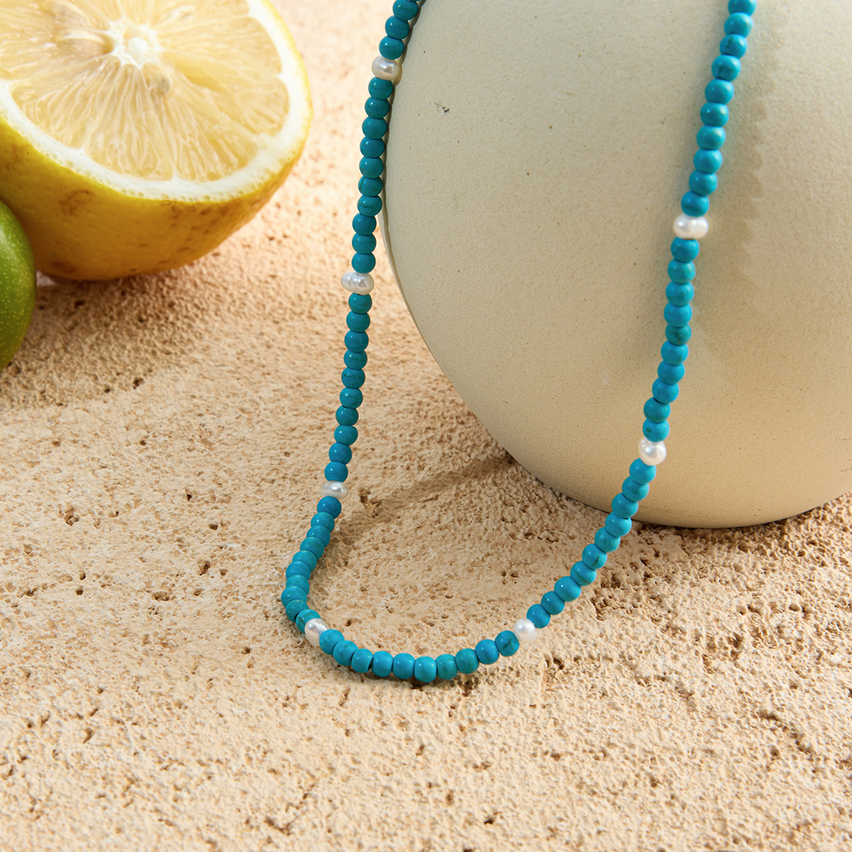 Classic 18K Gold Plated Stainless Steel Blue Turquoise Pendant Necklace Link Chain Unisex Unique Gold Pattern