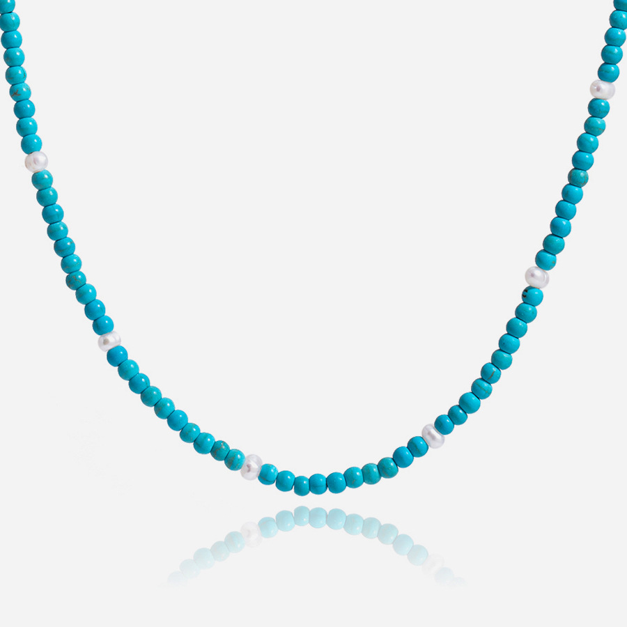 Classic 18K Gold Plated Stainless Steel Blue Turquoise Pendant Necklace Link Chain Unisex Unique Gold Pattern