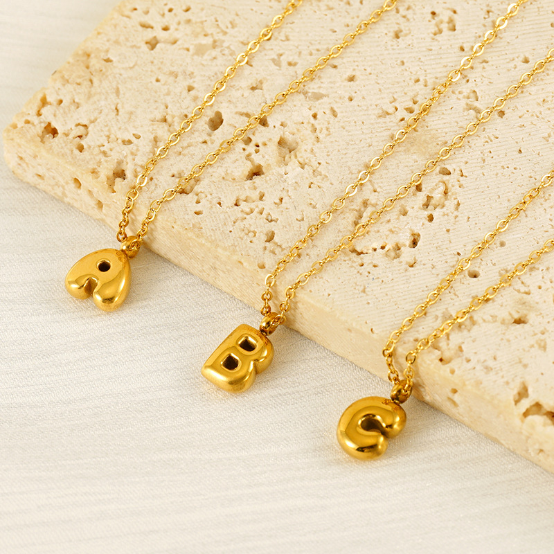 Personalized Mini Letter Pendant Necklace PVD Gold Plated Cute Bubble Alphabet Letter Charm Necklace