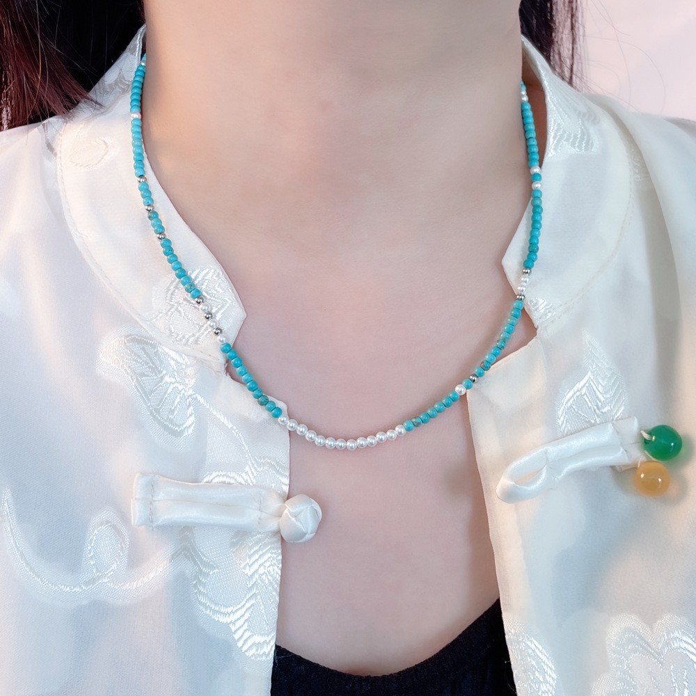Newly Designed Elegant Imitation Pearl Turquoise Necklace Delicate Texture for Girlfriends Gathering Afternoon Tea