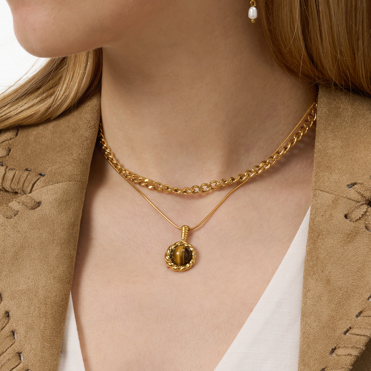 18K PVD Gold Plate Stainless Steel Necklace Classic Vintage Twisted Tiger Eye Stone Pendant Necklace
