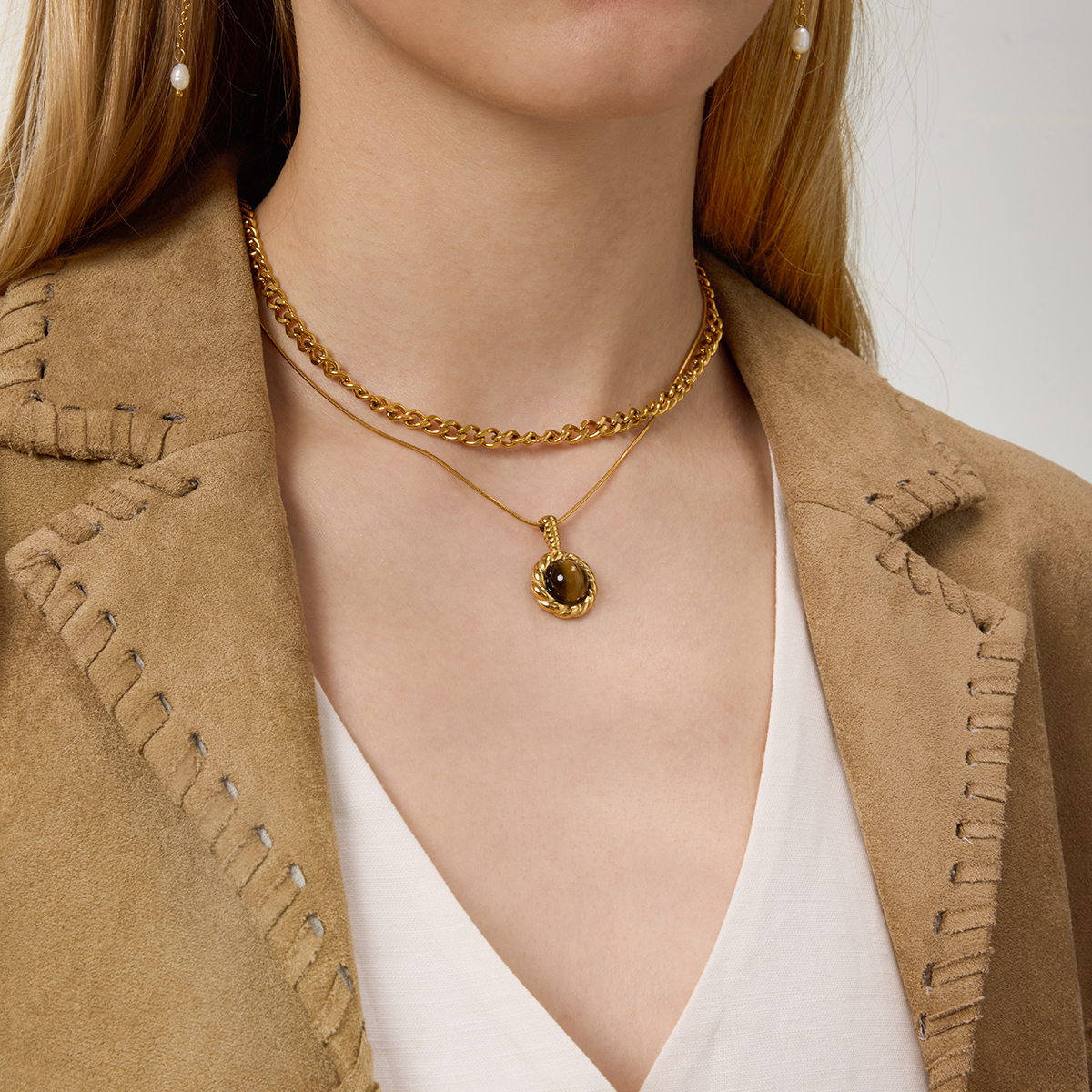 18K PVD Gold Plate Stainless Steel Necklace Classic Vintage Twisted Tiger Eye Stone Pendant Necklace