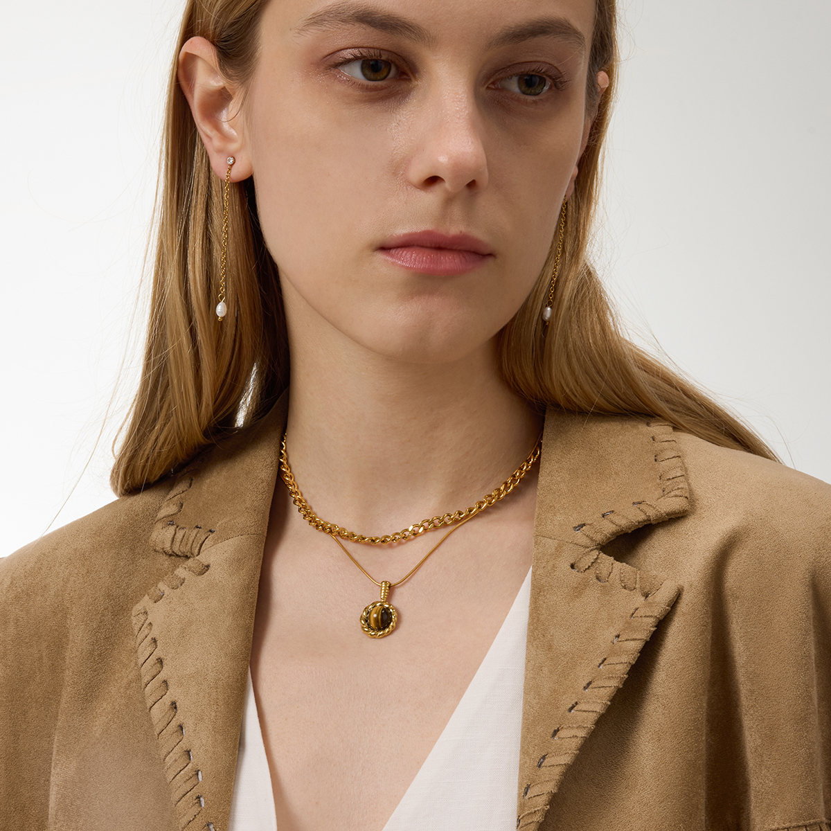 18K PVD Gold Plate Stainless Steel Necklace Classic Vintage Twisted Tiger Eye Stone Pendant Necklace