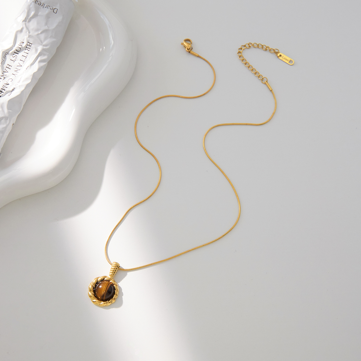 18K PVD Gold Plate Stainless Steel Necklace Classic Vintage Twisted Tiger Eye Stone Pendant Necklace