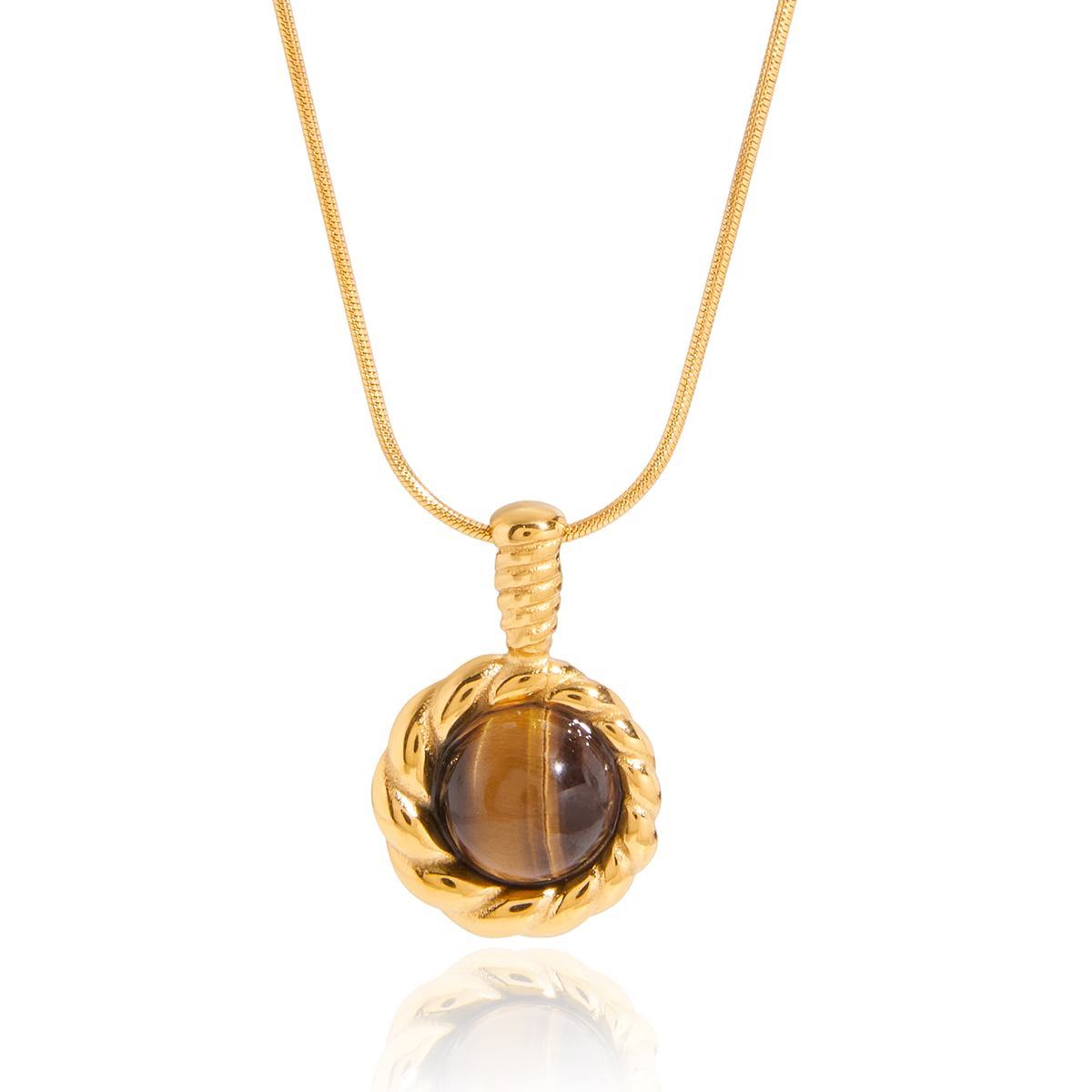 18K PVD Gold Plate Stainless Steel Necklace Classic Vintage Twisted Tiger Eye Stone Pendant Necklace