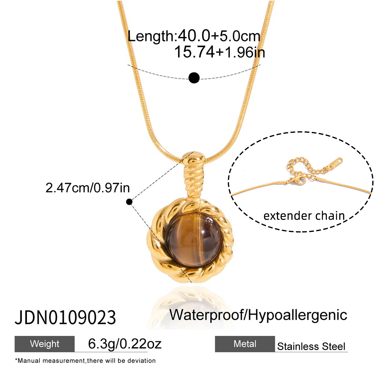 18K PVD Gold Plate Stainless Steel Necklace Classic Vintage Twisted Tiger Eye Stone Pendant Necklace