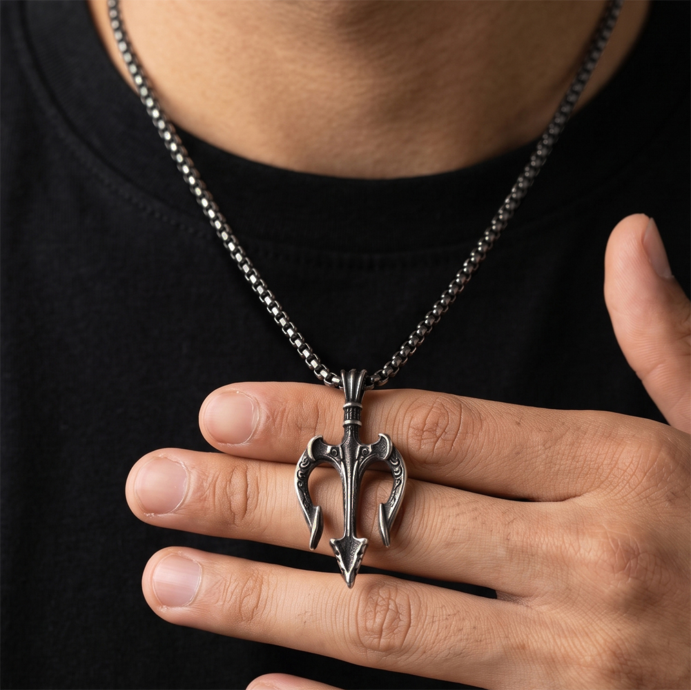 Vintage Brushed Trident 316 Stainless Steel Gold Tone Men Necklace for Punk Street Daily Outfit All Day Comfort Everyday Wearing