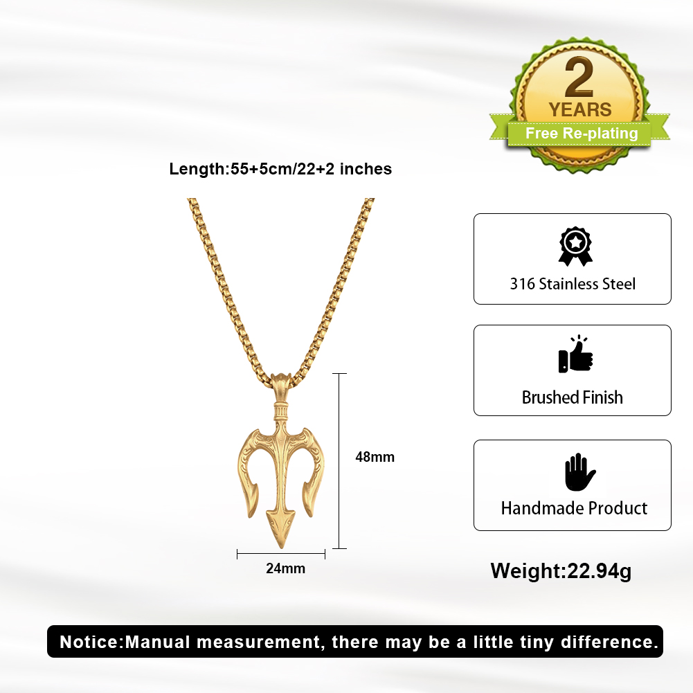 Vintage Brushed Trident 316 Stainless Steel Gold Tone Men Necklace for Punk Street Daily Outfit All Day Comfort Everyday Wearing