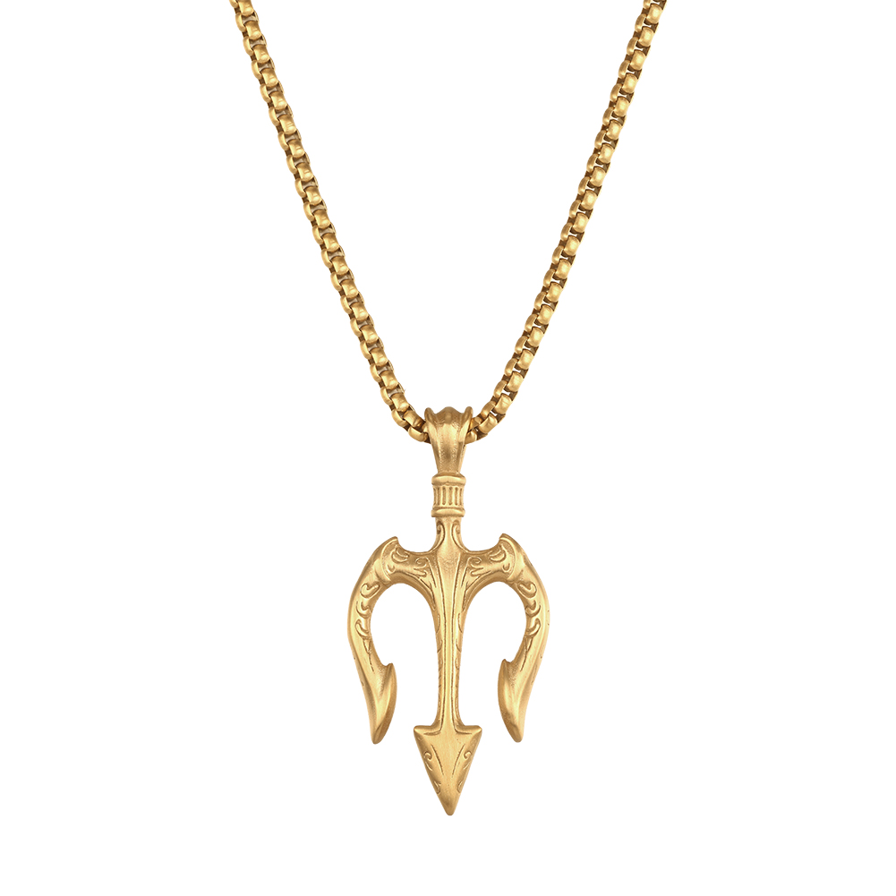 Vintage Brushed Trident 316 Stainless Steel Gold Tone Men Necklace for Punk Street Daily Outfit All Day Comfort Everyday Wearing