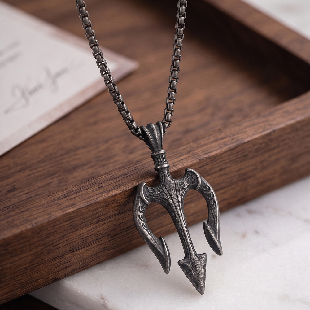 Vintage Brushed Trident 316 Stainless Steel Gold Tone Men Necklace for Punk Street Daily Outfit All Day Comfort Everyday Wearing