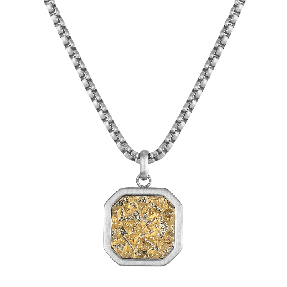 Two Tone Textured Octagonal 316 Stainless Steel Men Charm Necklace for Trendy Street Daily Outfit and All Day Comfort Wearing